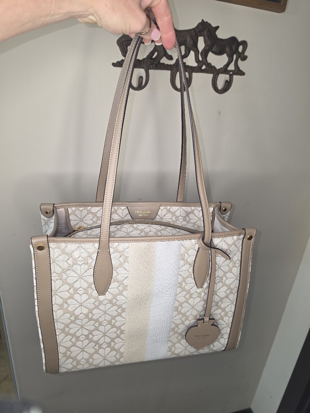 Kate Spade Jaquard Floral Cream Beige Leather Canvas Medium Market Tote